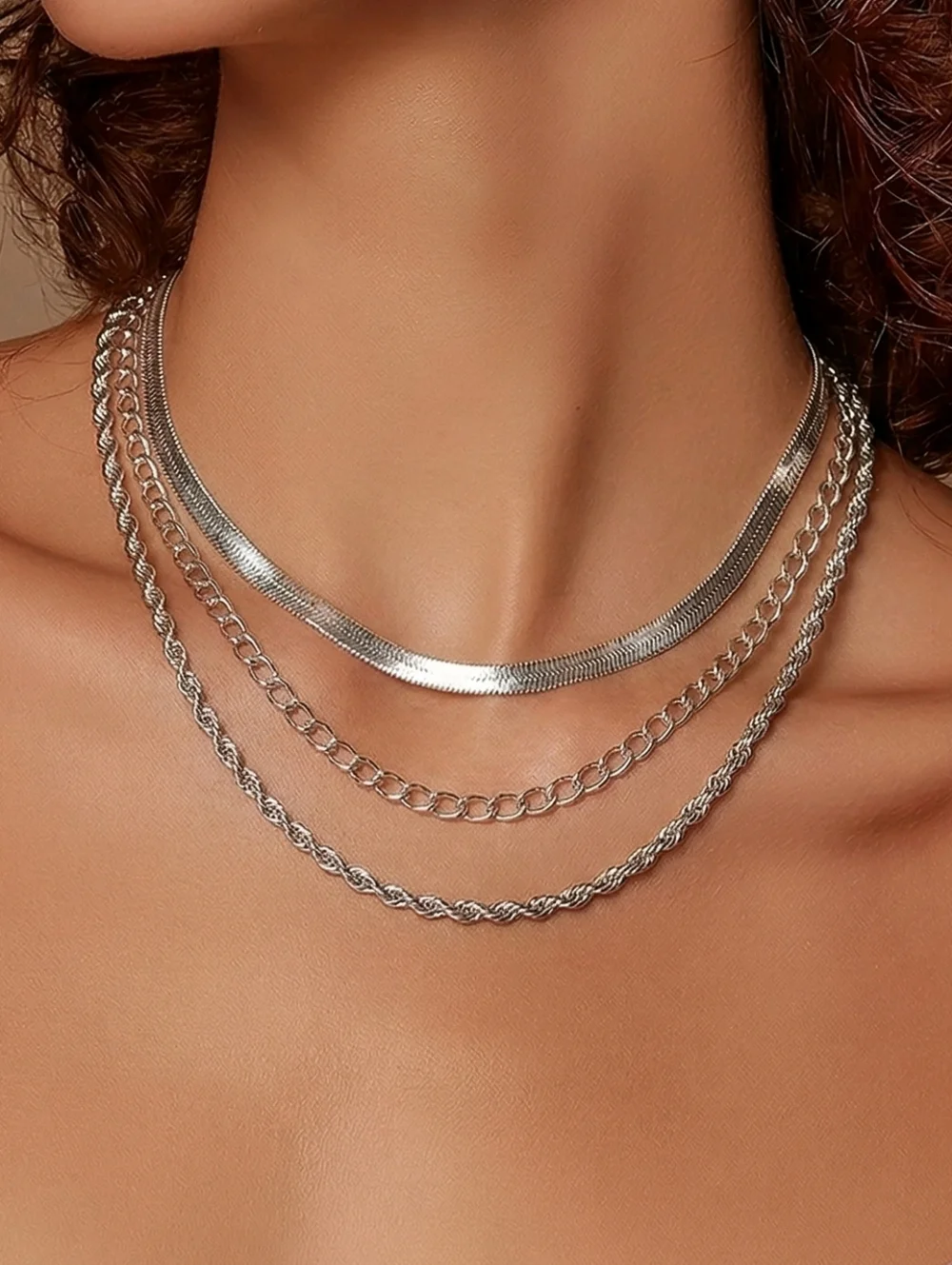 Layered Stack Necklace 3-in-1 Silver Herringbone Curb Rope Chains 15–22